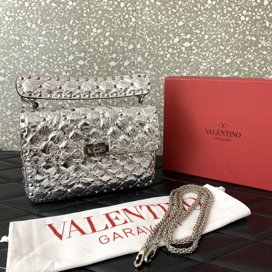 Valentino Garavani Rockstud Spike Medium Chain Bag in Silver Supple Lambskin Nappa